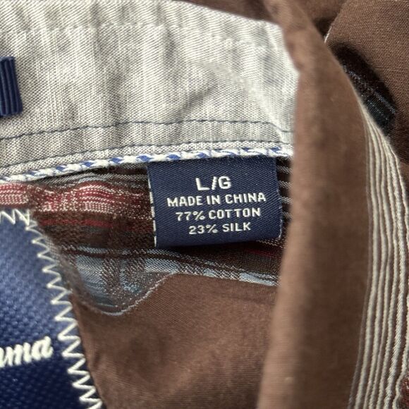 Tommy Bahama Shirt Mens Large Brown Blue Striped Silk Blend Casual Office Preppy - Picture 7 of 10